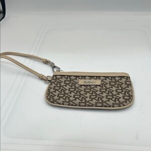 DKNY Brown Logo Jacquard Wristlet Pouch Genuine Leather Trim